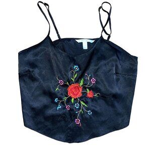 SEXY Sensual Cacique Black Lingerie Top Embroidered Floral Tank PJ Satin 14/16 R